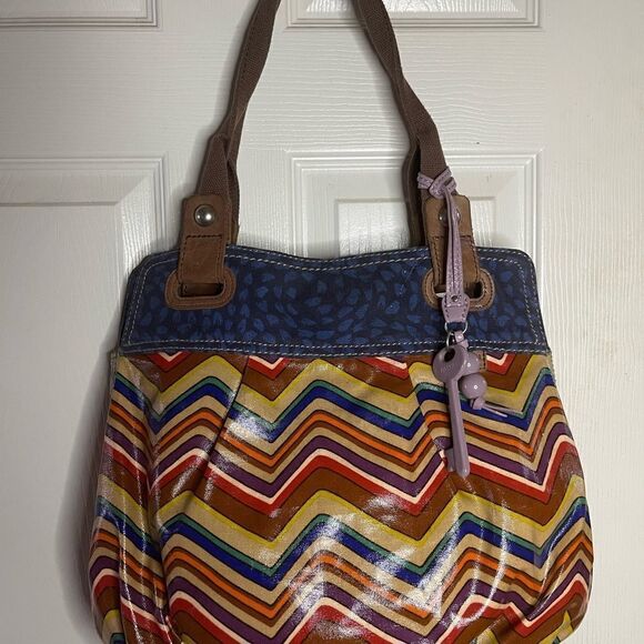 Fossil key Per multi color zigzag coated canvas ltote with blue & brown … - Picture 10 of 14